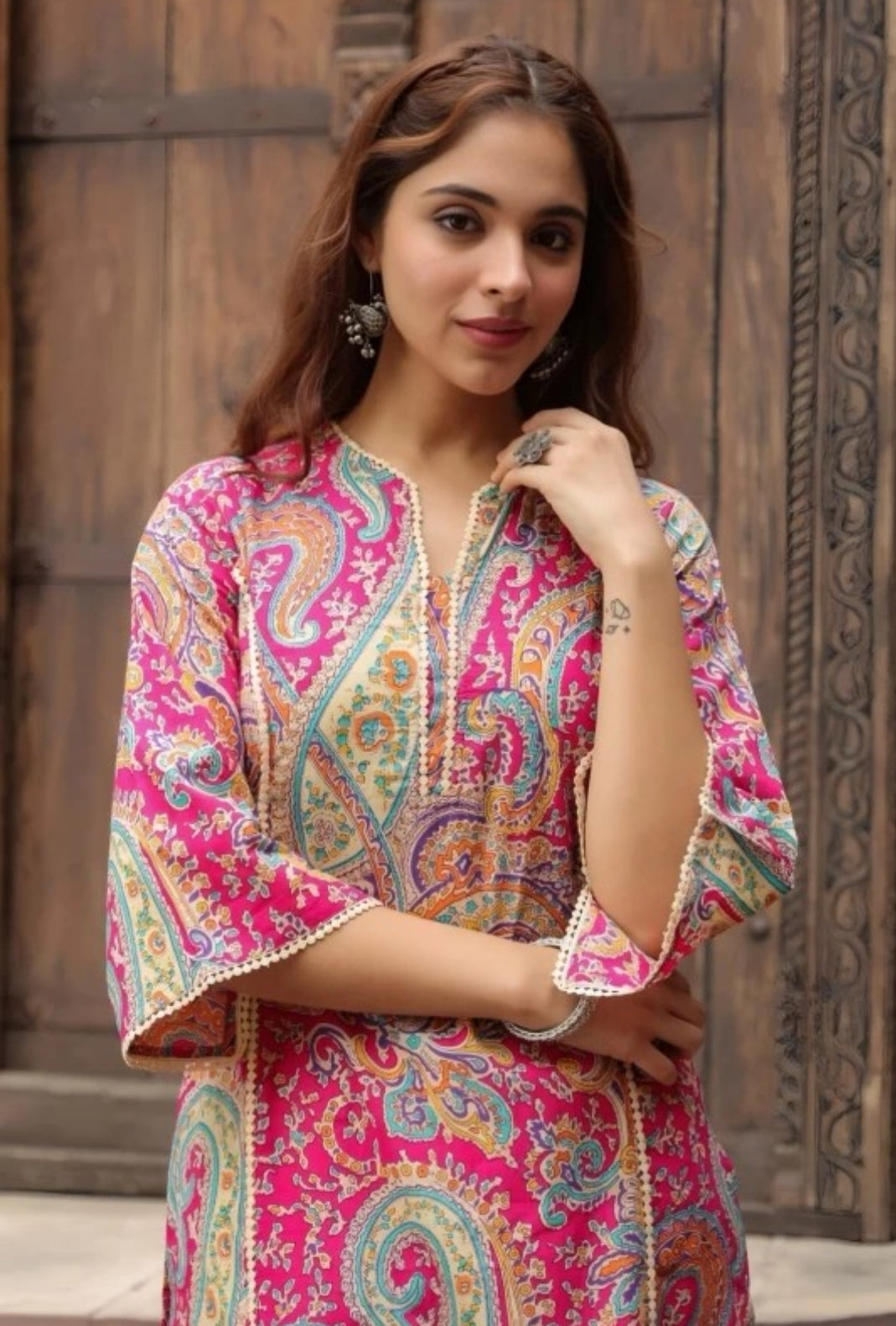 Jaipuri Printed Women Bandhni Pink Kurti