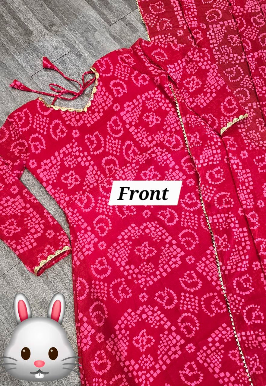 Women's Red Bandhani Style Gown With Duppata