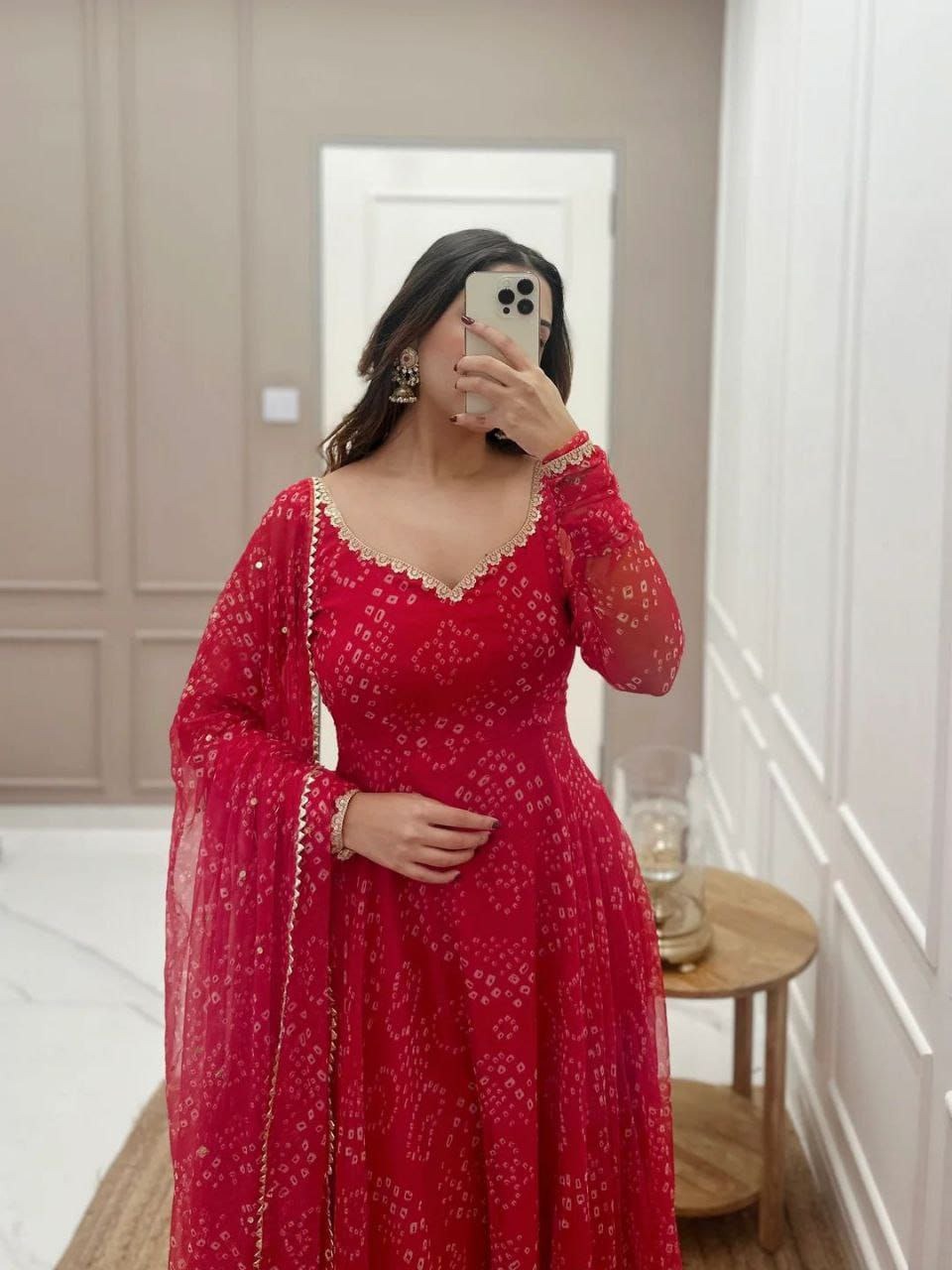 Women's Red Bandhani Style Gown With Duppata