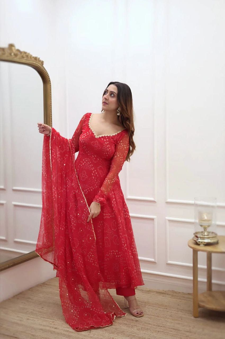 Women's Red Bandhani Style Gown With Duppata