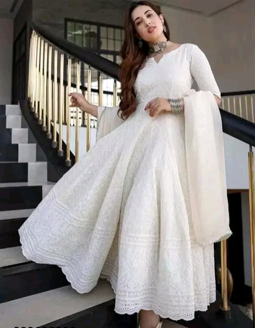 Lucknow Chikankari Pure White Cotton Anarkali Dress With Dupatta