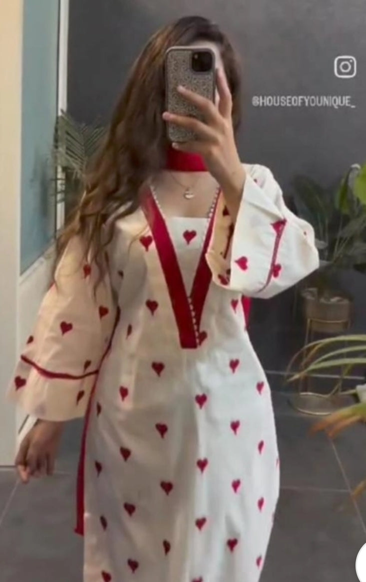 Red Heart Printed Cotton Suit With Duppatta