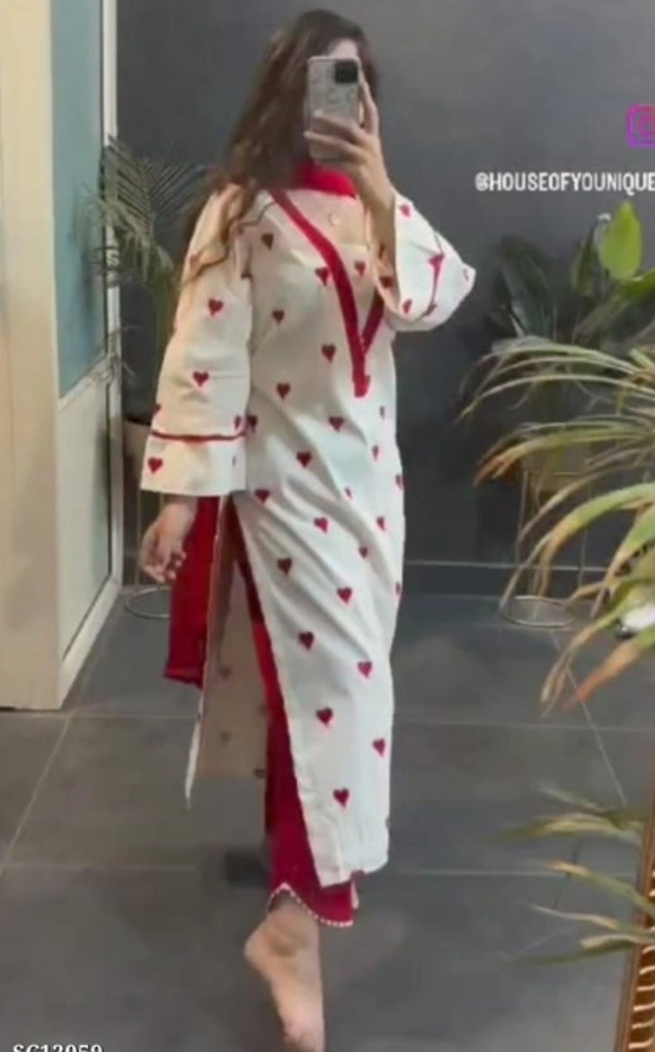 Red Heart Printed Cotton Suit With Duppatta