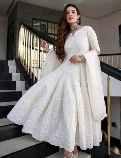 Lucknow Chikankari Pure White Cotton Anarkali Dress With Dupatta