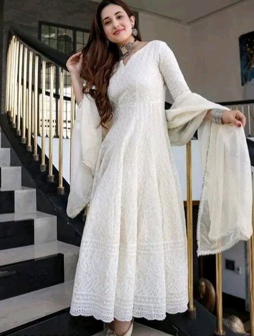 Lucknow Chikankari Pure White Cotton Anarkali Dress With Dupatta